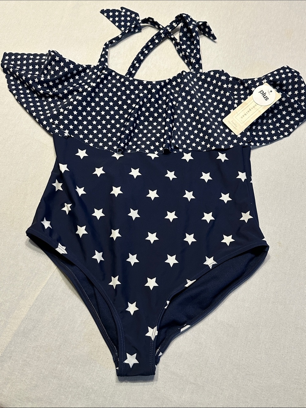 Plus Girls' Navy Star One-Piece Swimsuit with Ruffle Neckline